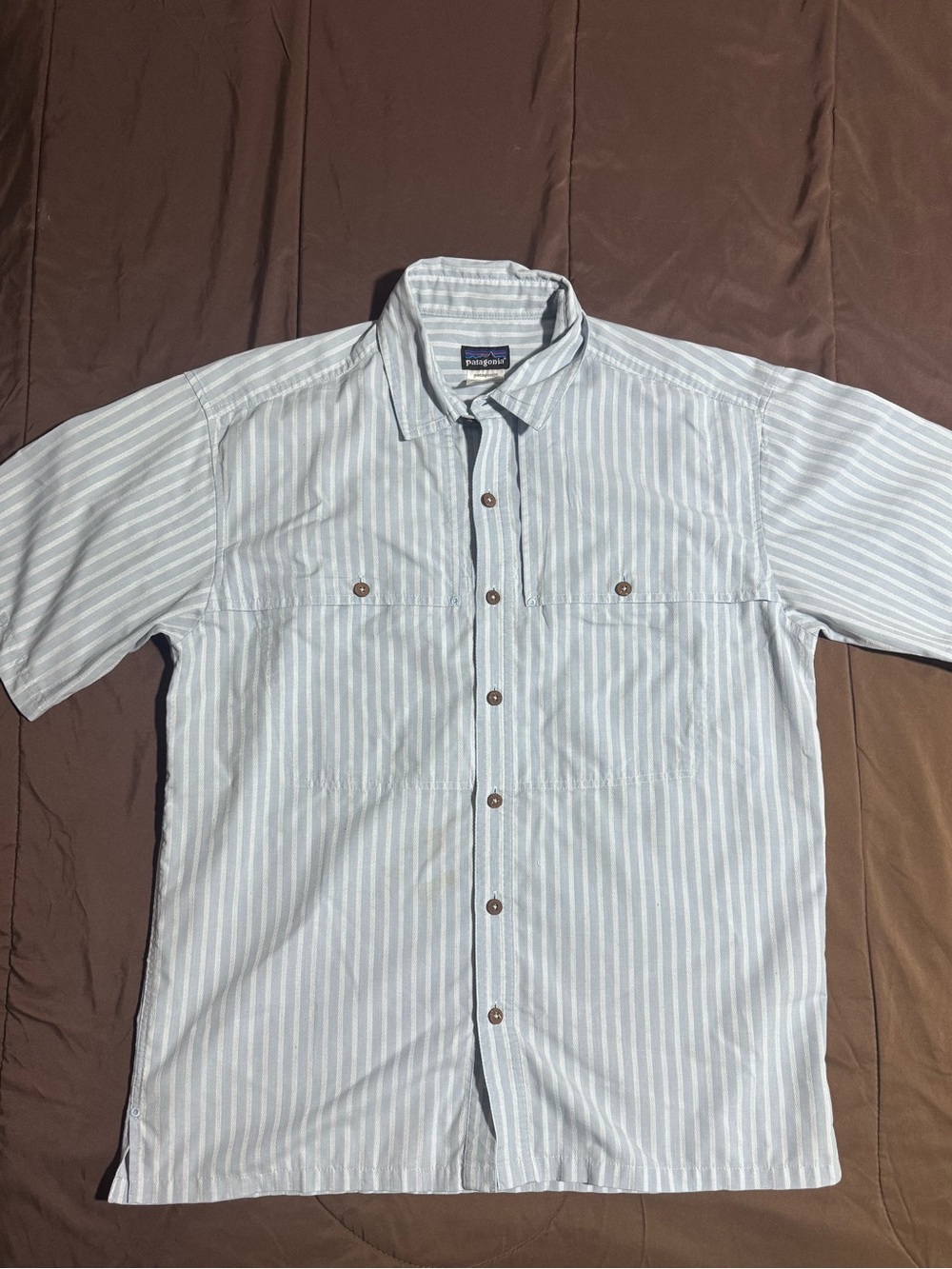 Patagonia Light Blue and White Striped Short-Sleeve Button-Down Shirt